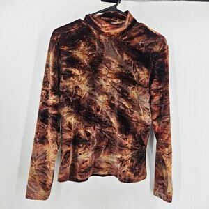 Vintage y2k Como Burnout Velvet Top Brown Abstract Mock Neck Long Sleeve Size M
